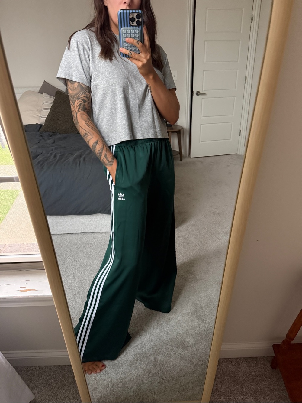adidas Dark Green Three-Stripe Wide Leg Satin Track Pants